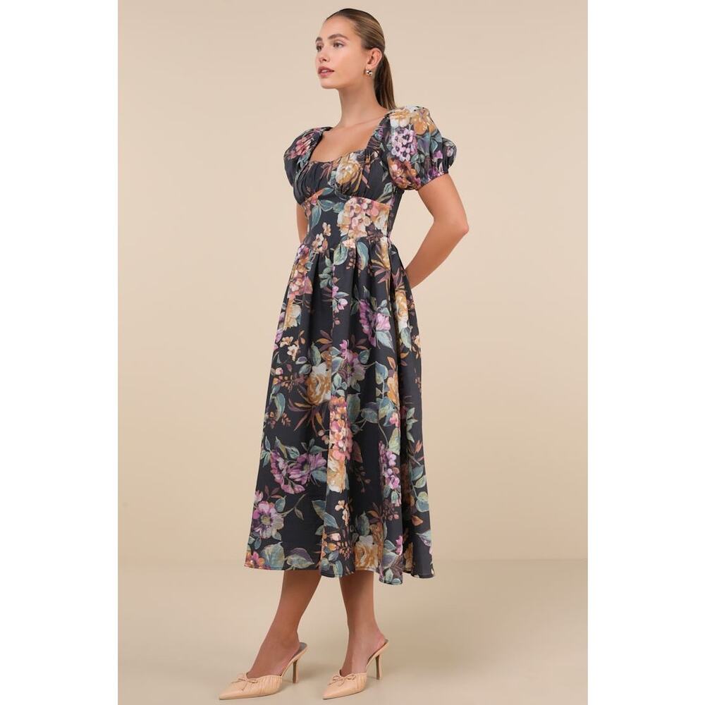 NWT Lulus Adorable Tendencies Dark Grey Floral Puff Sleeve Midi Dress Party XL - Picture 8 of 9